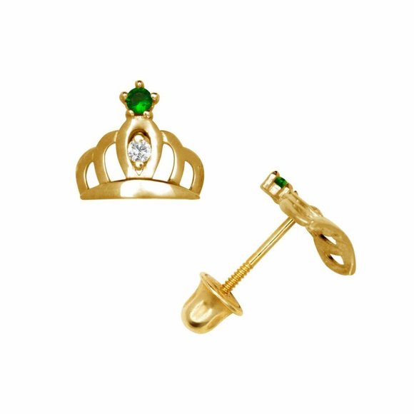 14K Solid Gold Royal Crown Screw back Stud Earrings with May Emerald Birthstone - Picture 2 of 3